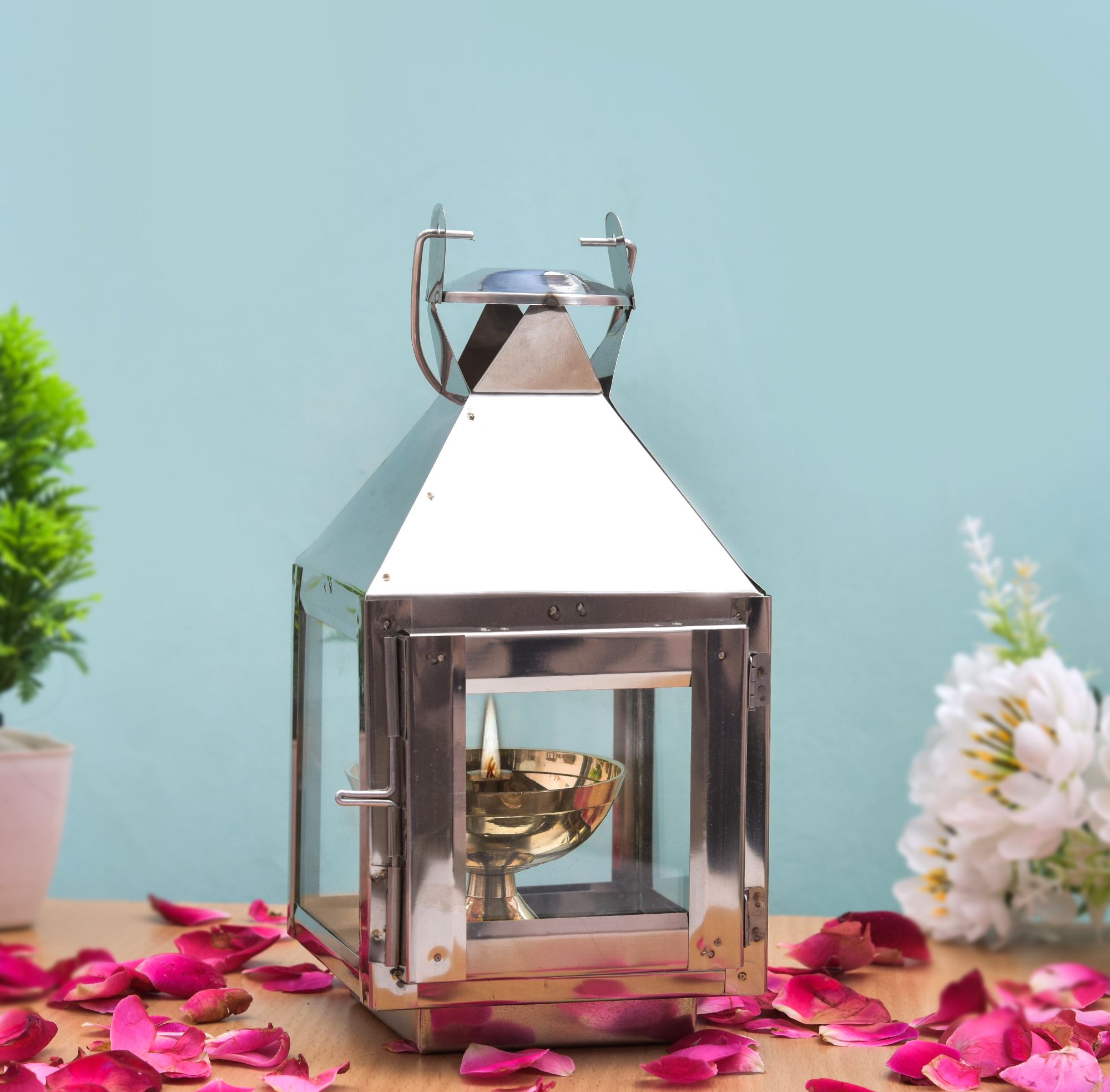 Steel Decorative Lantern with Brass Diya , Akhand Diya Stand with Glass Cover Steel Steel Hanging Lantern-image-4