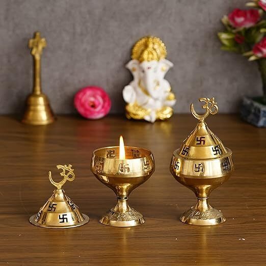 Brass Akhand Jyoti Deepak For Spritual Purpose with OM and Swastik Cover Brass Table Diya-image-25