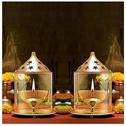 Brass Akhand Diya with Clear Glass Chimney Oil Lamp For Diwali (Pack Of 2) Brass, Glass (Pack of 2) Table Diya Set-image-49