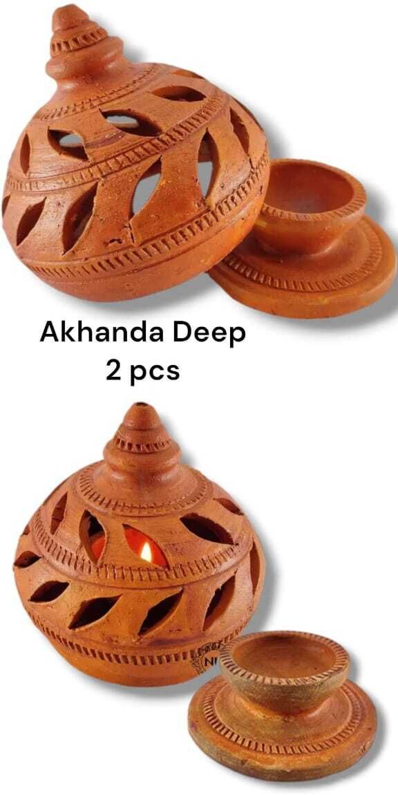 MITTI KA AKHAND DEEP/PUJA LAMP/OIL LAMP/DIYA WITH DHAKAN/NIGHT LAMP/diwali diyas Ceramic (Pack of 2) Table Diya Set