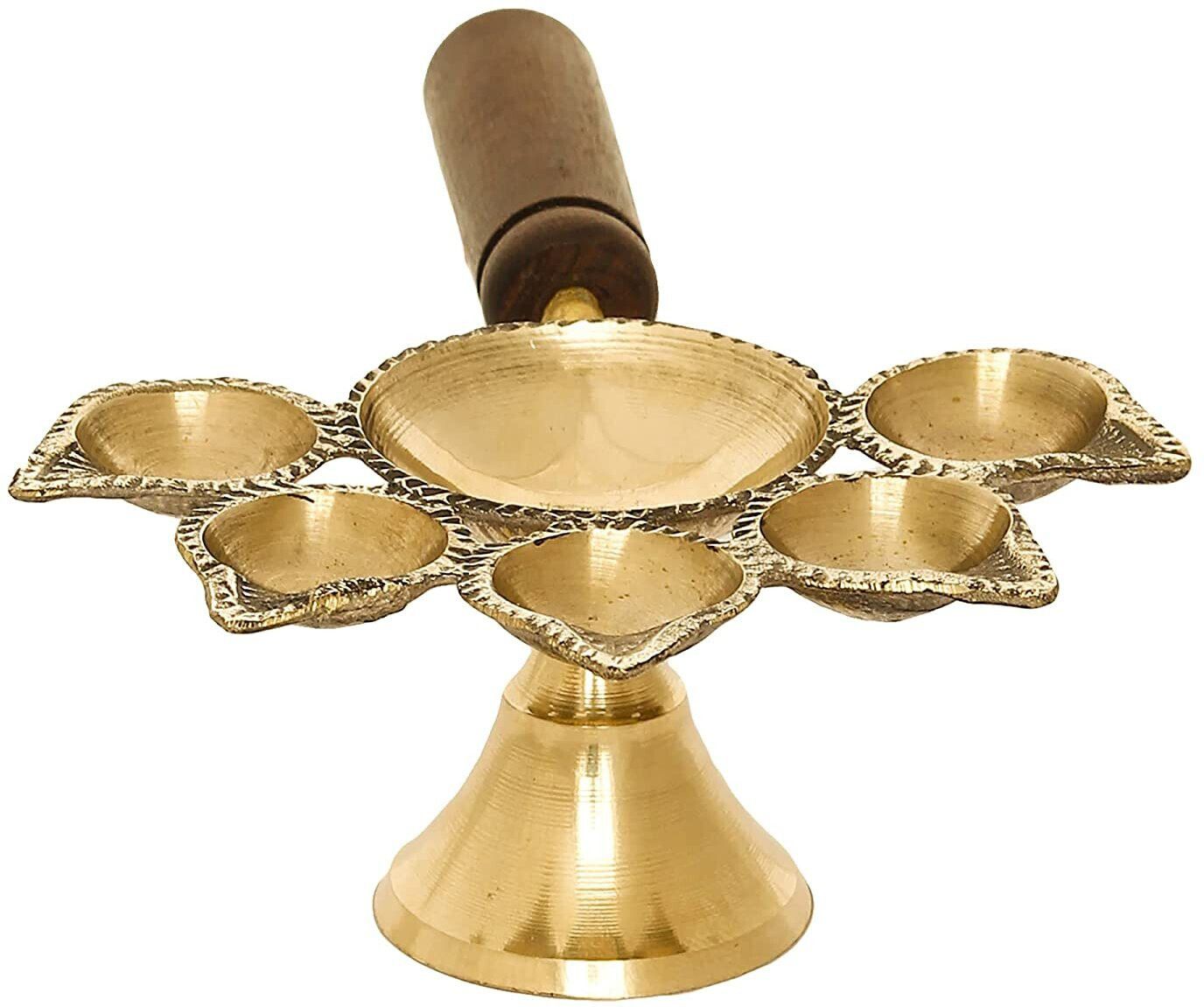 Brass Panchdeep Diya for 5 Cotton Wicks with Wooden Holder Brass Table Diya-image-12
