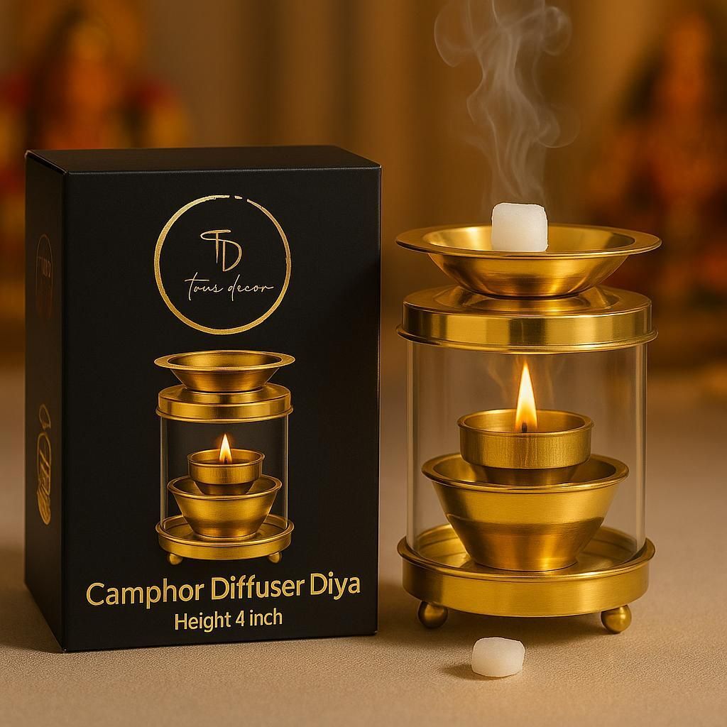 true décor 4 Inches Camphor Diffuser/Aroma Incence Burner/Kapoor Dani Brass Akhand Diya Brass Table Diya-picture-20