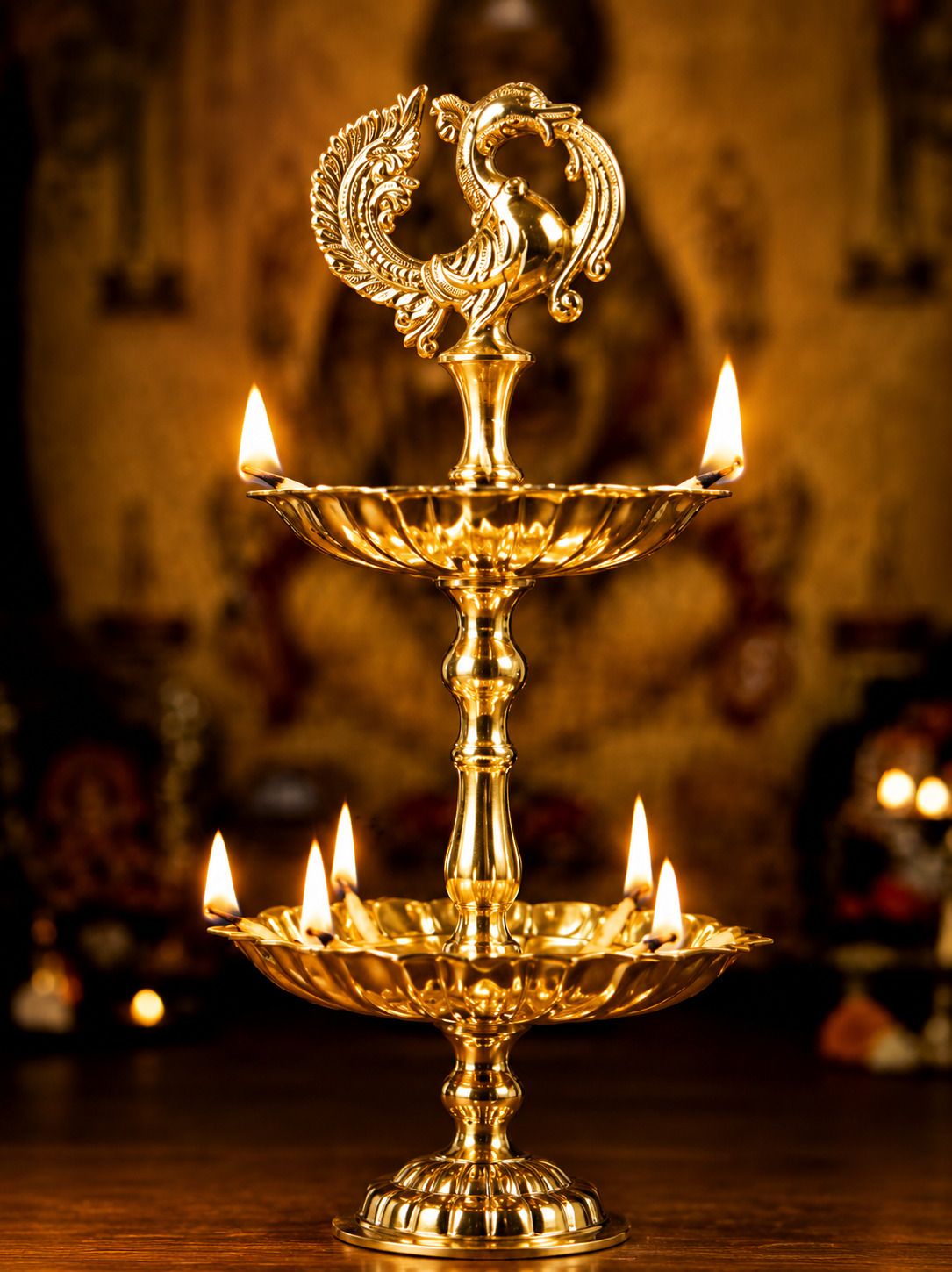 Premium Brass Peacock Two Tier Diya for Home Temple Pooja Decor Oil Lamp Brass Table Diya-image-38