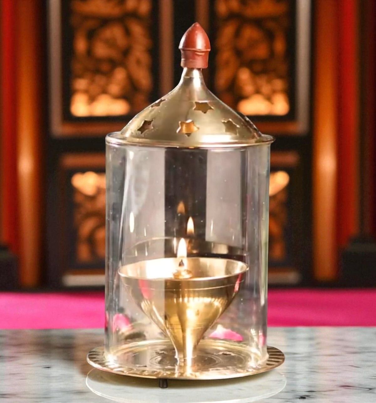 Brass Big Oil Holder Udipi Akhand Jyot Diya with Borosilicate Glass Cover Brass, Glass Table Diya-image-18