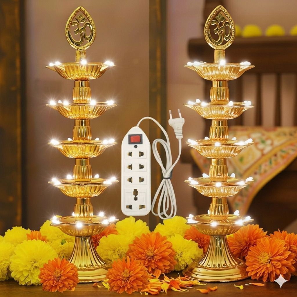 5 layer electric gold LED diya deepak light for diwali mandir home jyoti diya Plastic (Pack of 2) Table Diya Set-image-7