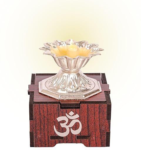 Solar LED Devdas Diya Flameless Prayer Lamp Home Temple Decoration Home decor Silver Plated, Wood Table Diya-image-2