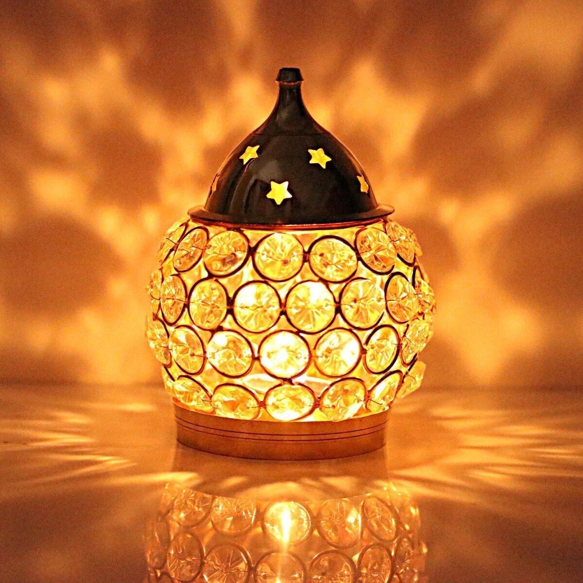Brass Crystal Oil Lamp Tea Light Holder Lantern Oval Shape Brass Table Diya