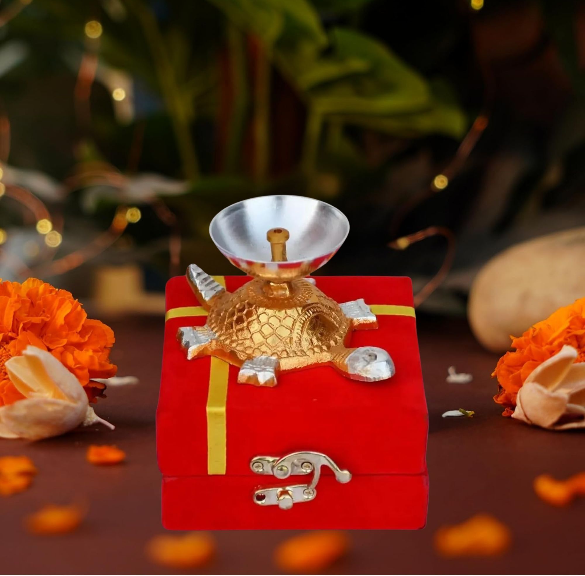 Tortoise Diya with Red Gift Box Brass Table Diya-image-41