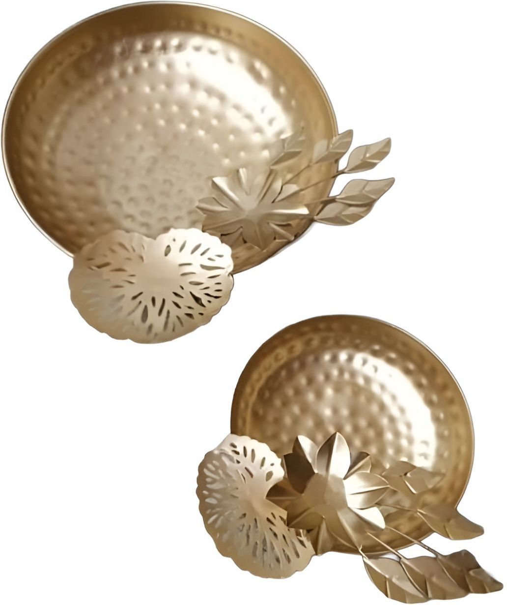 SAAR ART Golden Urli Diya Decorative Flower Bowl with Floral Design (6&8Inch) Iron (Pack of 2) Table Diya