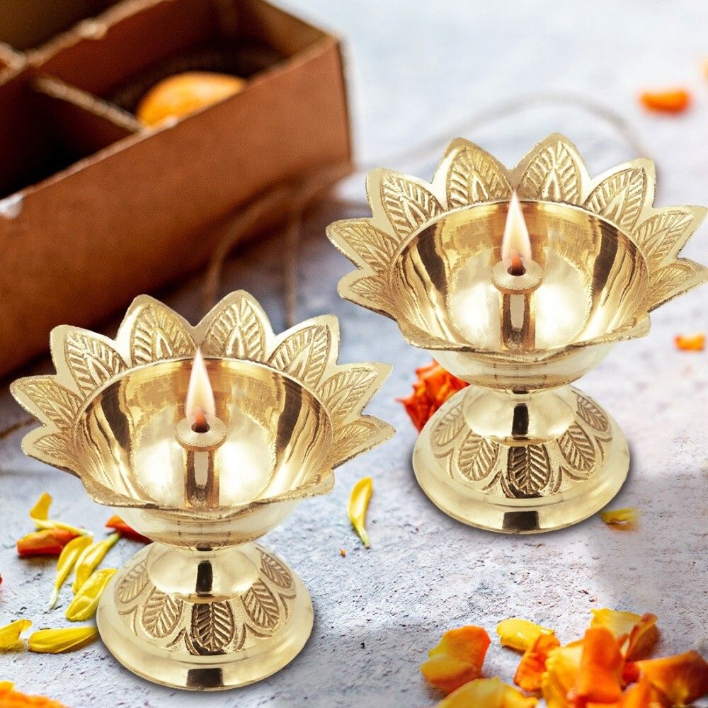 Kuber devdas engraved Deepak Diya Oil Lamp for Puja Brass (Pack of 2) Table Diya Set