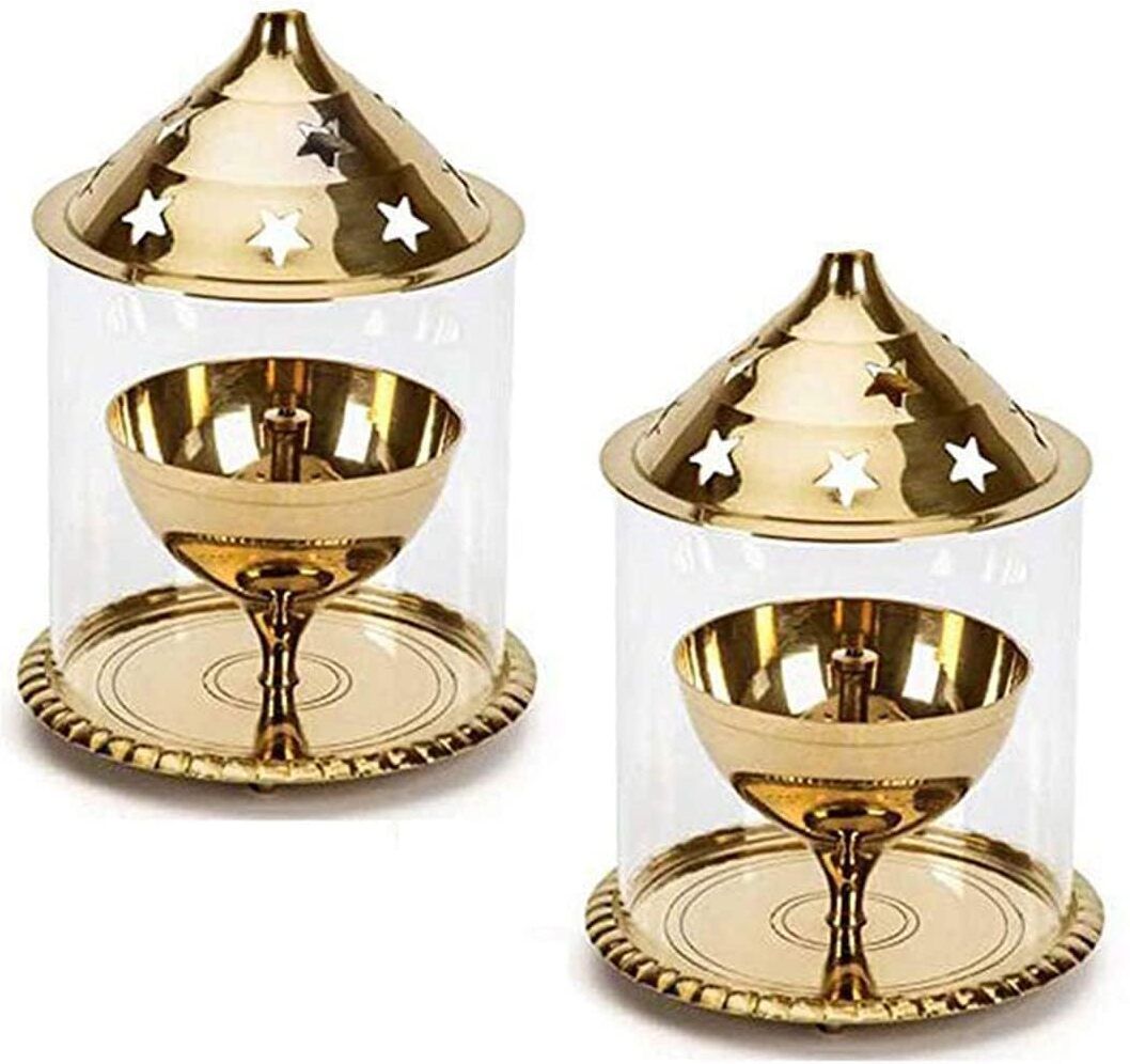 Religious Akhand Diya with Glass Cover for Pooja & Diwali Brass (Pack of 2) Brass, Glass (Pack of 2) Table Diya Set-image-42