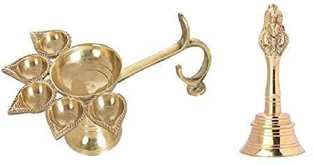Decrative Panch Deepak Aarti Diya with Brass Pooja Bell/Ghanti Set of 2 Pcs, Five Face Jyoti Stand Diya with Handle for Diwali Home Decor Brass (Pack of 2) Table Diya Set-image-12
