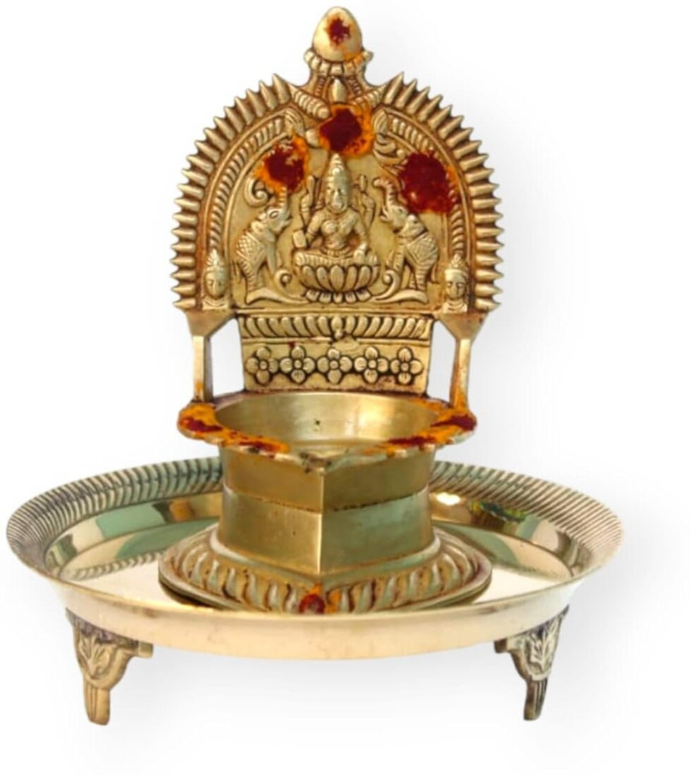 MYNAKSHA Kamakshi Oil Lamp with Stand for Pooja | (11.5cm x 11.5cm x 16cm) Brass Table Diya Set image 1