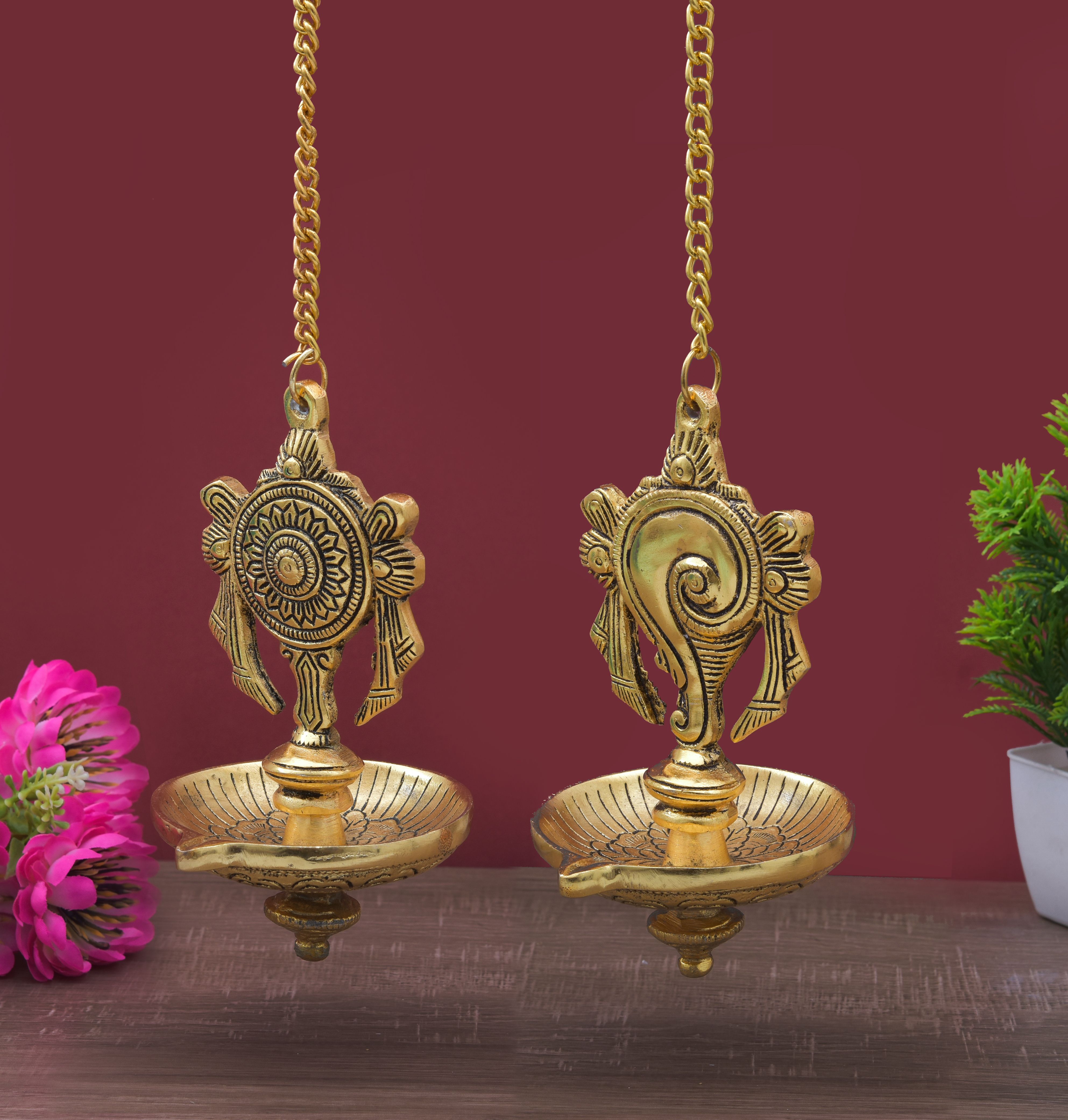 Shankh Chakra Diya For Home Decor Aluminium (Pack of 2) Hanging Diya-image-21