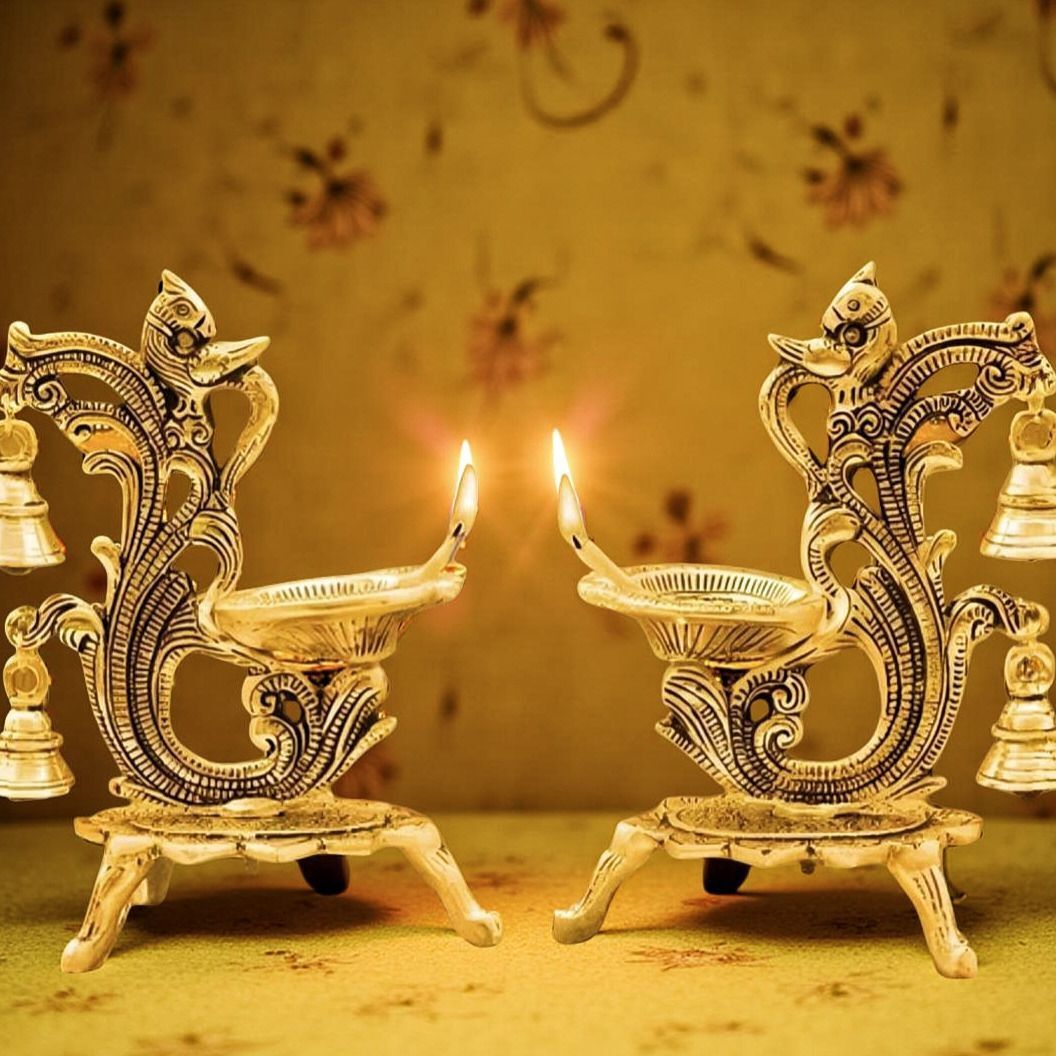 Golden Metal Peacock Design Diya (Set of 2) for Diwali and Festivals Aluminium (Pack of 2) Table Diya Set-image-3