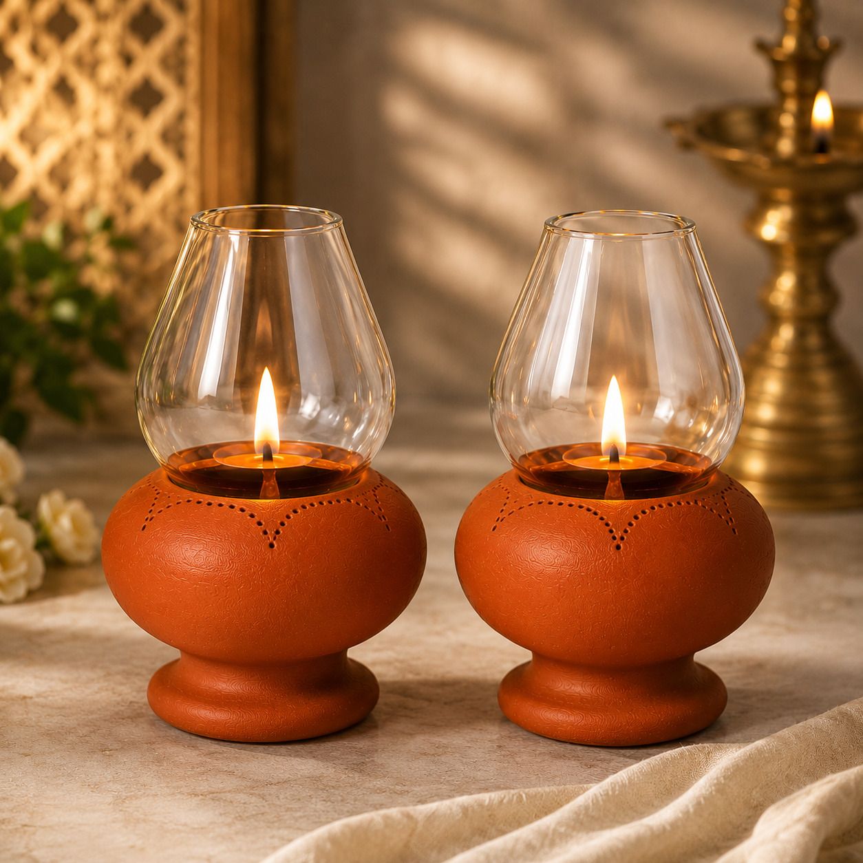 arsa lifestyle Clay Diya with Cover – Mitti Handmade Puja Oil Lamp Terracotta, Glass (Pack of 2) Table Diya-picture-25