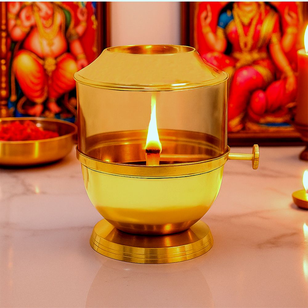 Akhand Jyot Diya with Adjustable Bati Knob, Wick Lifting Screw Lever Glass Cover Brass Table Diya-image-5