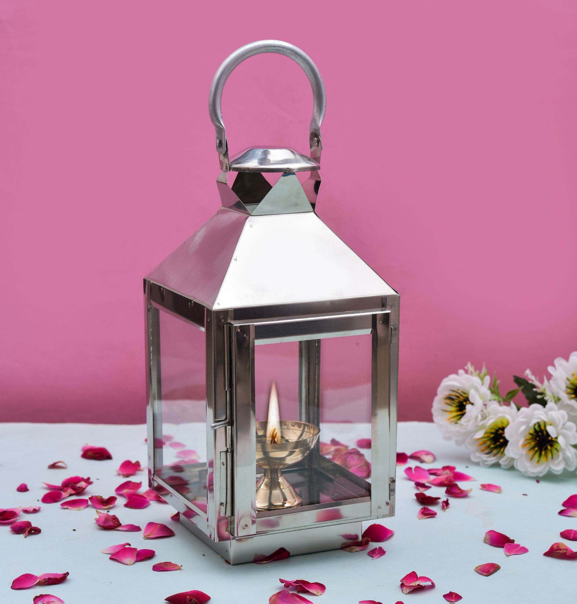 Akhand Diya with Glass Cover , Brass Diya with stand for Puja Room Steel Table Diya Set-image-26