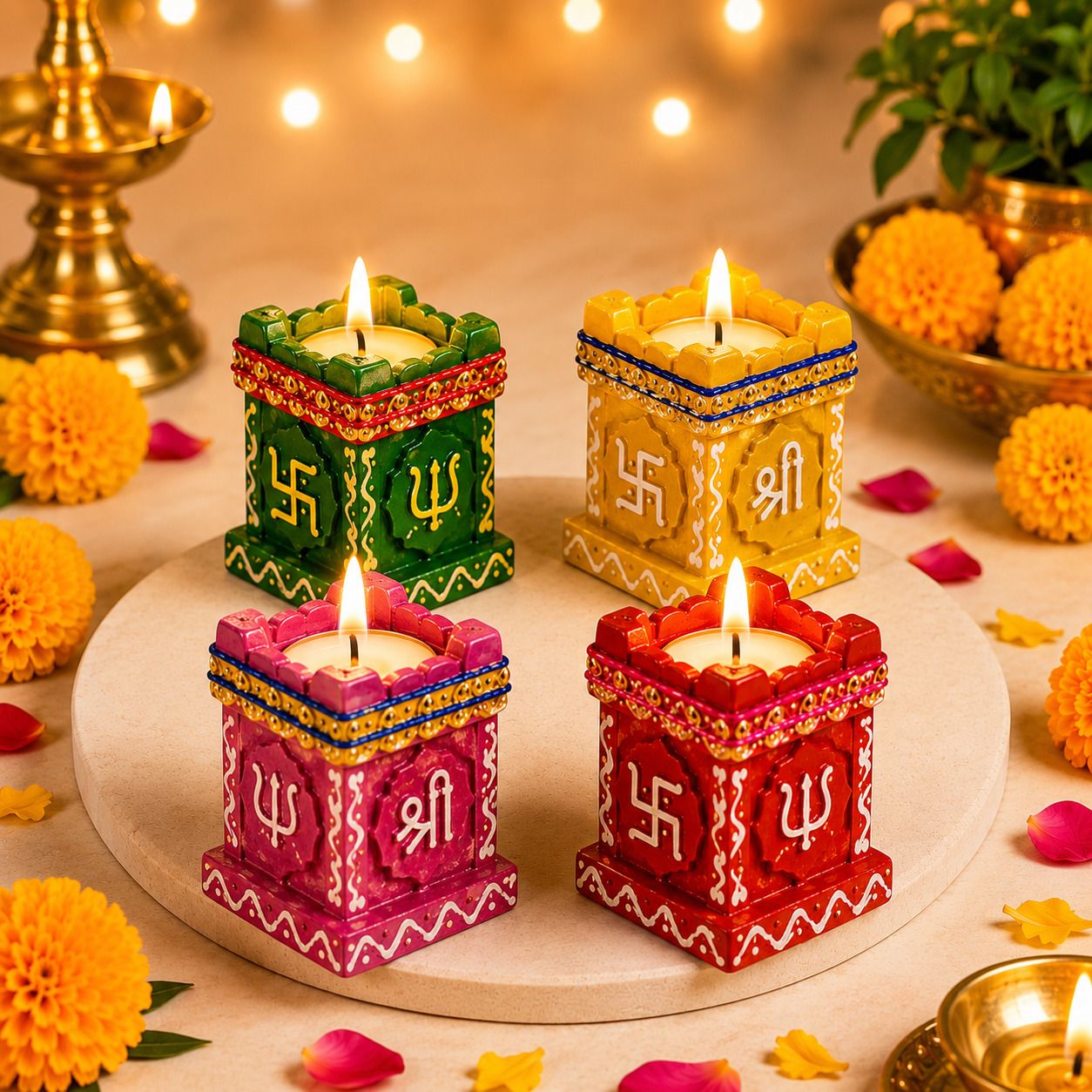 bb backbenchers Traditional Pooja Tealight Holder Pack of 4 Wood (Pack of 4) Table Diya Set-picture-22