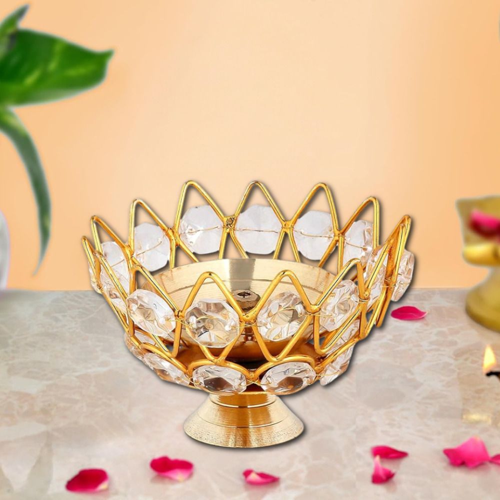 sanskaari Akhand Diya Deepak/Dia Akhand Jyot Decorative Brass Oil Lamp Crystal Table Diya Crystal, Brass Table Diya-picture-10