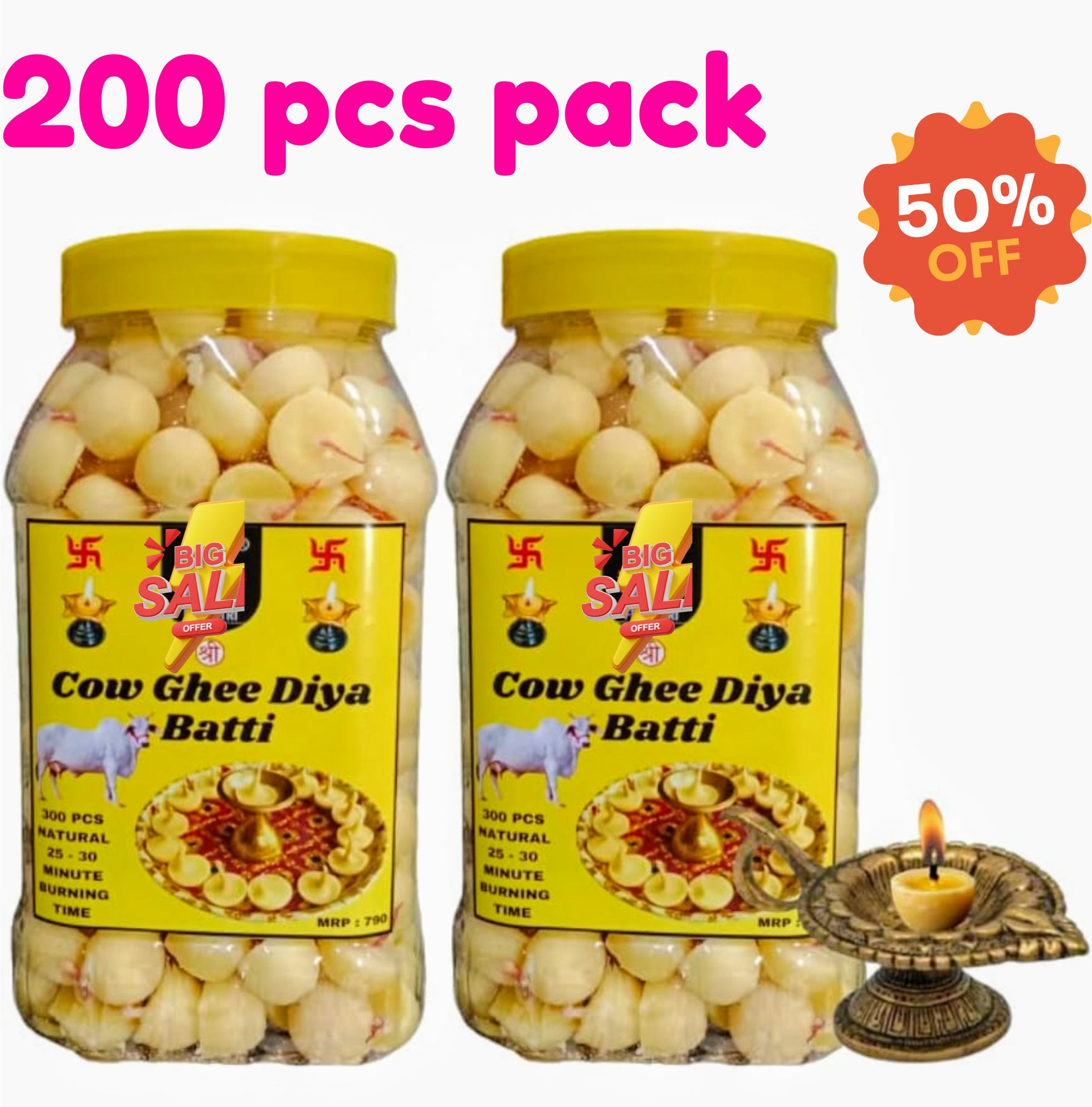 Ghee Diya Batti 200pcs| Handmade Ghee Diya Batti, Cotton (Pack of 2) Table Diya Set-image-16
