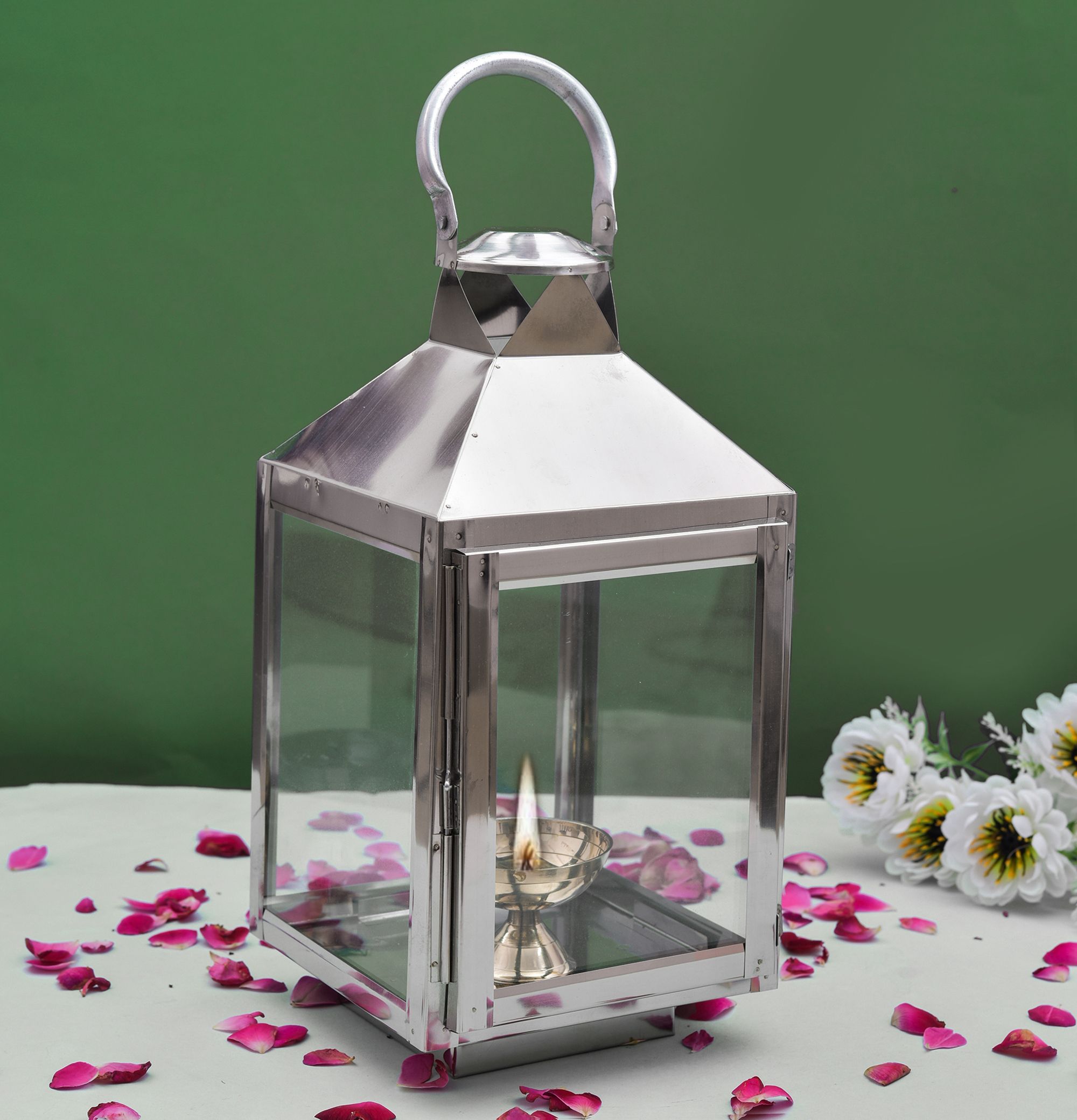 houzzplus Akhand Diya with Glass Cover , Brass Diya with stand for Puja Room Steel Table Diya Set-picture-12