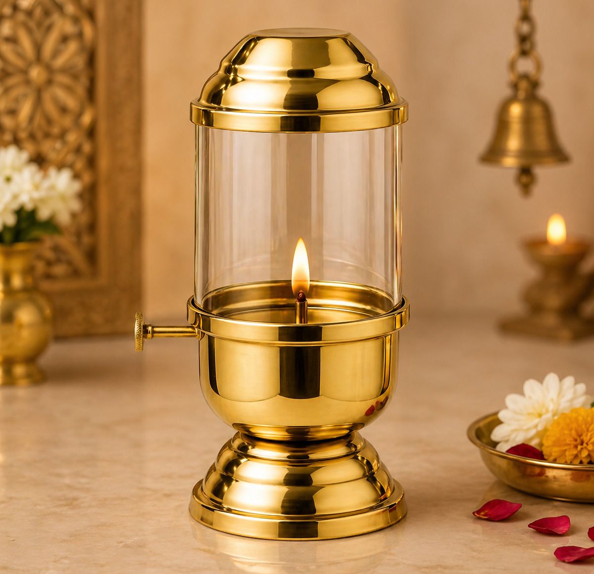Akhand Jyoti Diya with Adjustable Bati Knob 80 ml Oil Burns for Hours Iron Table Diya-image-30