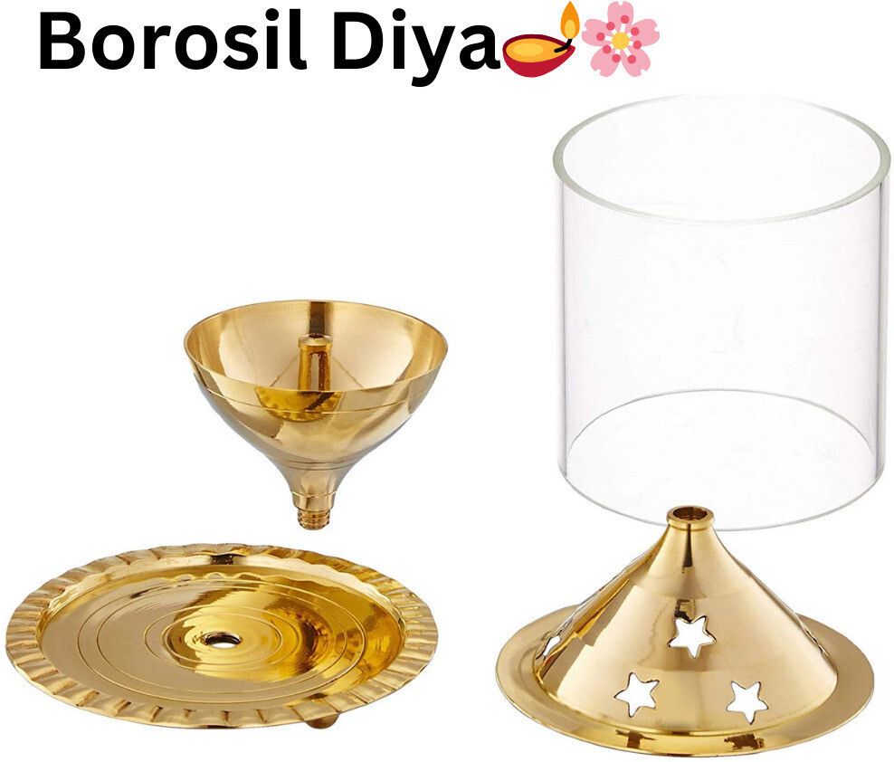 Brass & Glass Oil Lamp Tea Light Holder Lantern, Cylinderical Borosilicate Glass Borosilicate Glass Table Diya-image-43