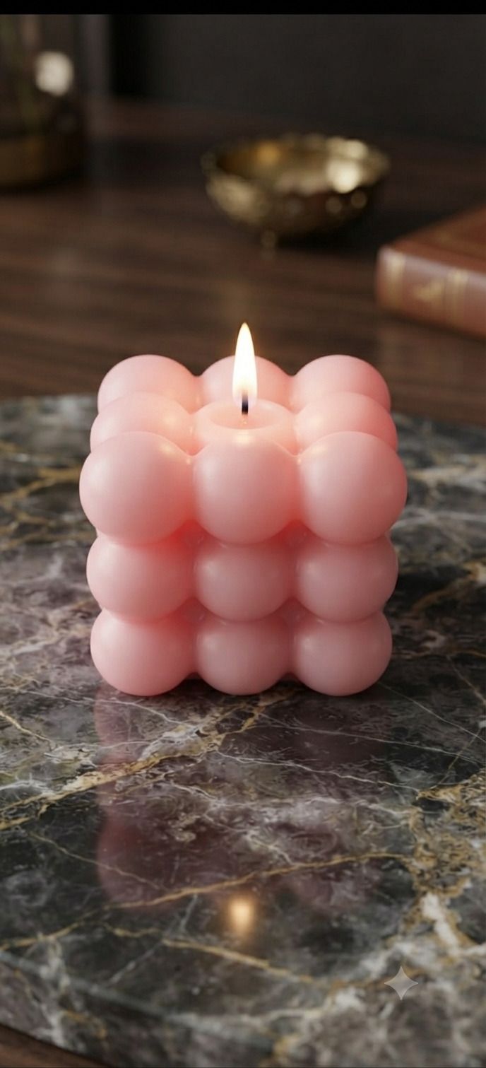 qitis Bubble Cube Decorative Candle – Cute Pink Wax Candle for Room Decor, Pack of 1 Plastic Table Diya Set-picture-22