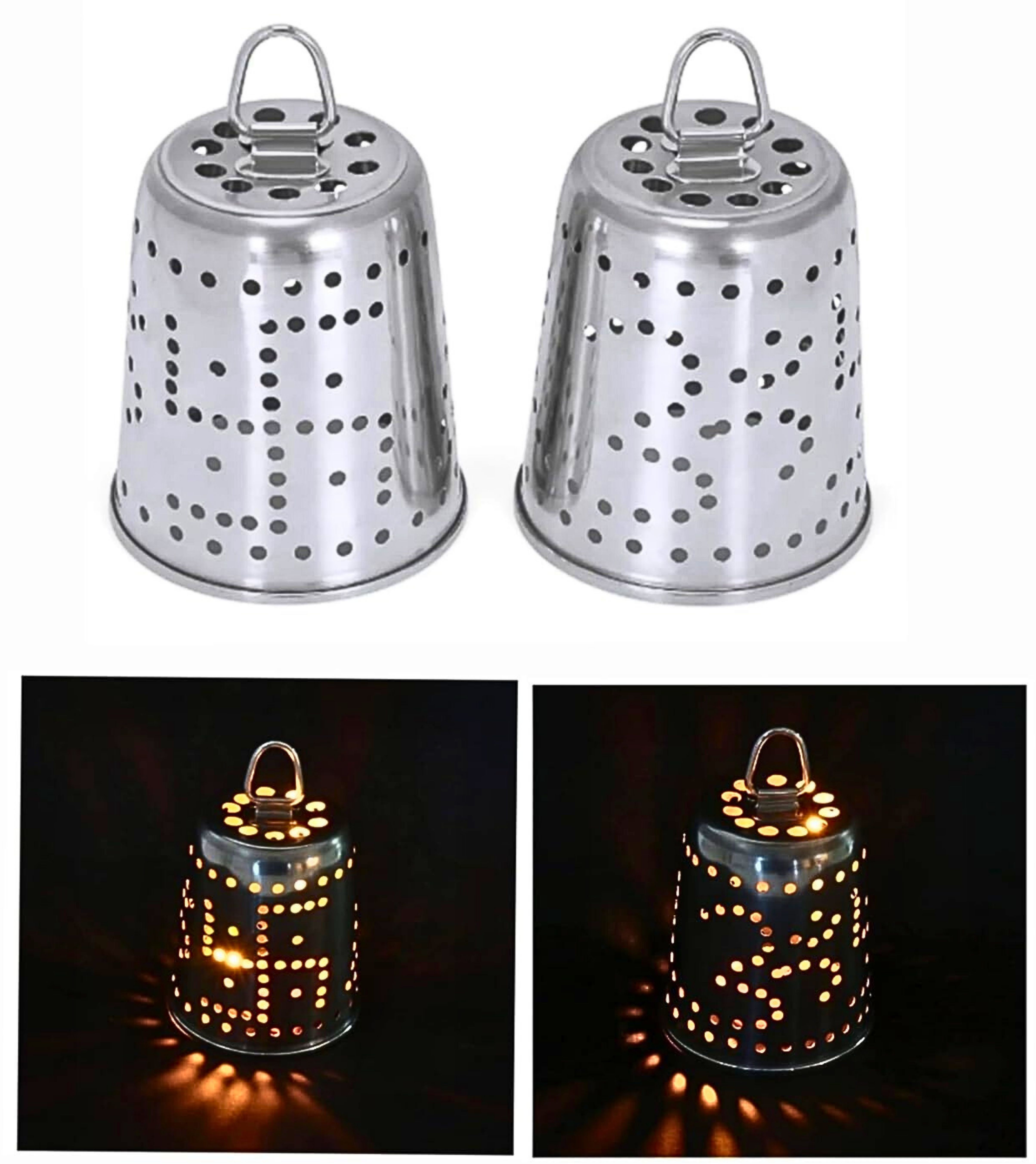 Stainless Steel Diya Glass Cover with Satiya & OM Design Holes & Hook | Medium | Stainless Steel (Pack of 2) Table Diya-image-37