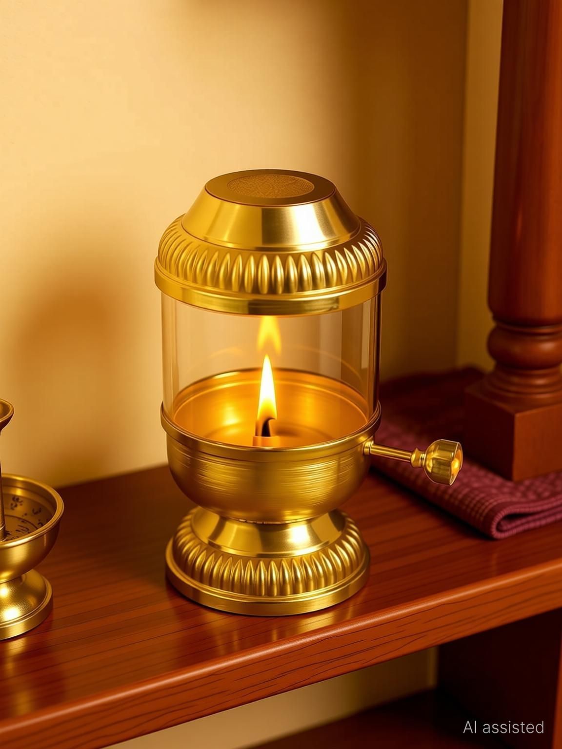 Adjustable Akhand Deep / Heatproof / Screw Lever Adjustable 150ML Brass, Glass Table Diya-image-46