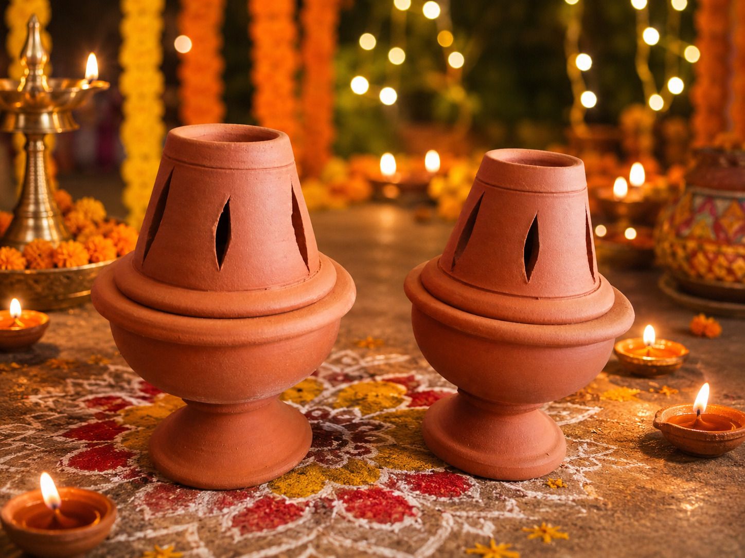 Diya matti deepalu with lid Terracotta, Earthenware (Pack of 2) Table Diya Set-image-49