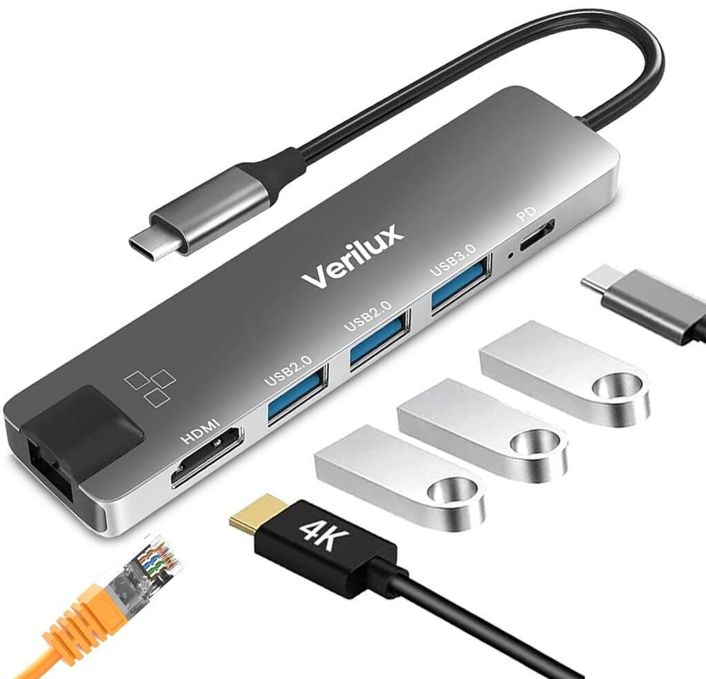 Verilux USB C Hub 6 in 1 Type C Adapter with HDMI Ethernet and PD Charging Port USB C Hub with HDMI and Ethernet USB Hub-image-24