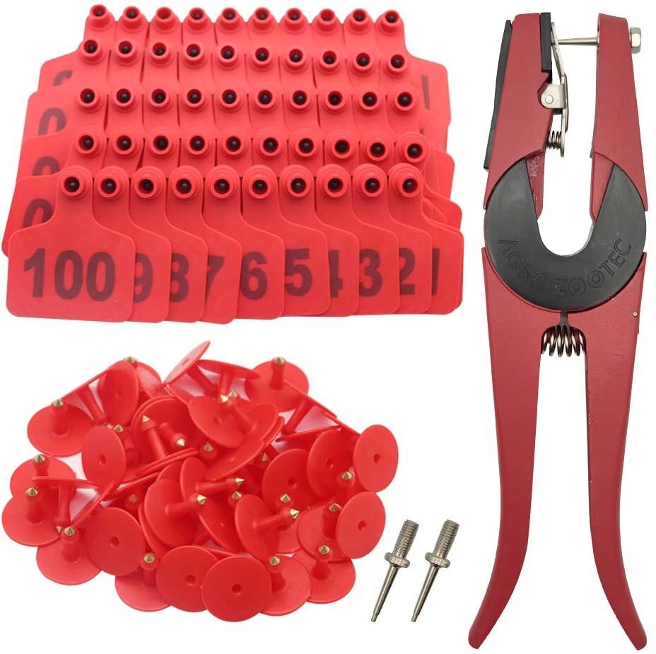 Livestock Ear Tag Set 100 Red Numbered Tags with Applicator Pliers Plain Red Dog Tag-image-34