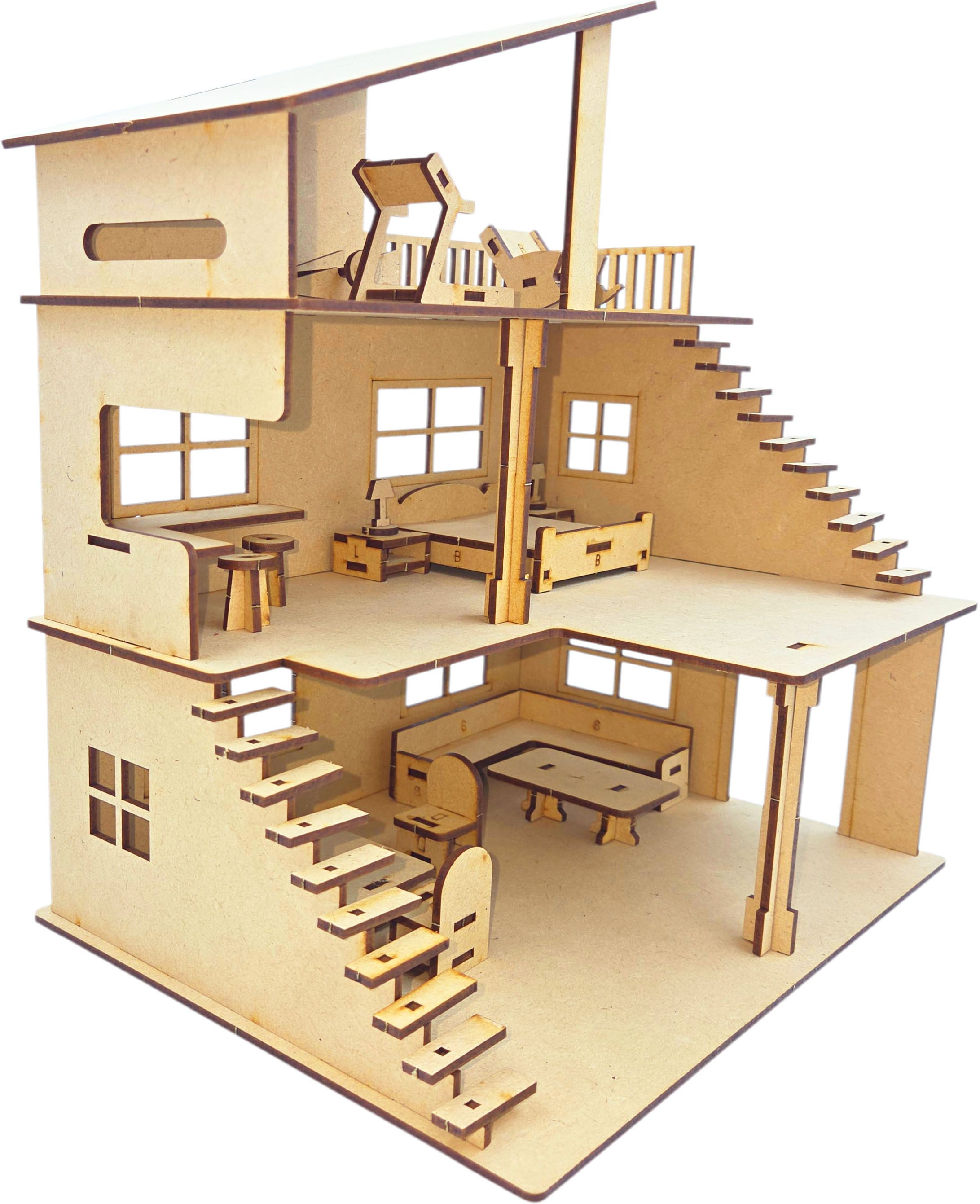 poksi DIY Dollhouse Kit for Kids Wooden MDF Miniature House with Furniture-picture-6