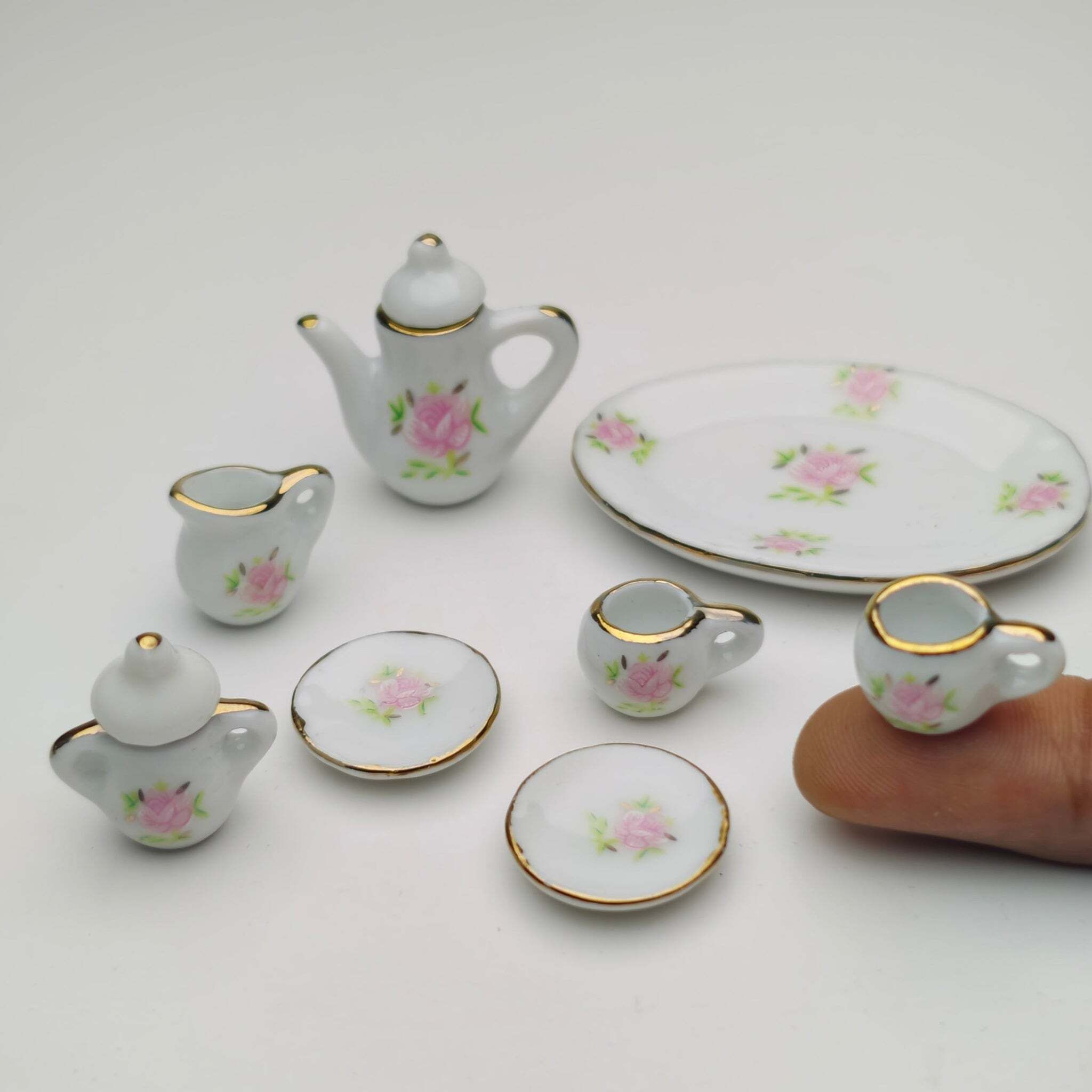 Miniature Rose Pattern Tea Set Dollhouse Accessories Playset-image-35