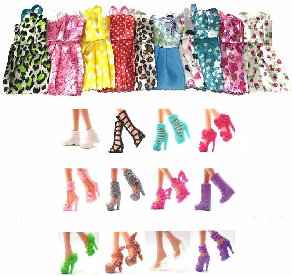Multicolor Doll Party Fashion Clothes (Pack of 12pcs) & Plastic Colorful Doll Shoes (Pack of 12pair)