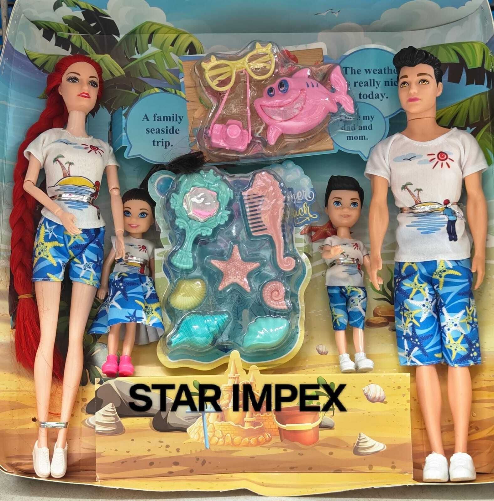 Family Doll Set – Beach Theme Vacation , Accessories & Summer Outfits