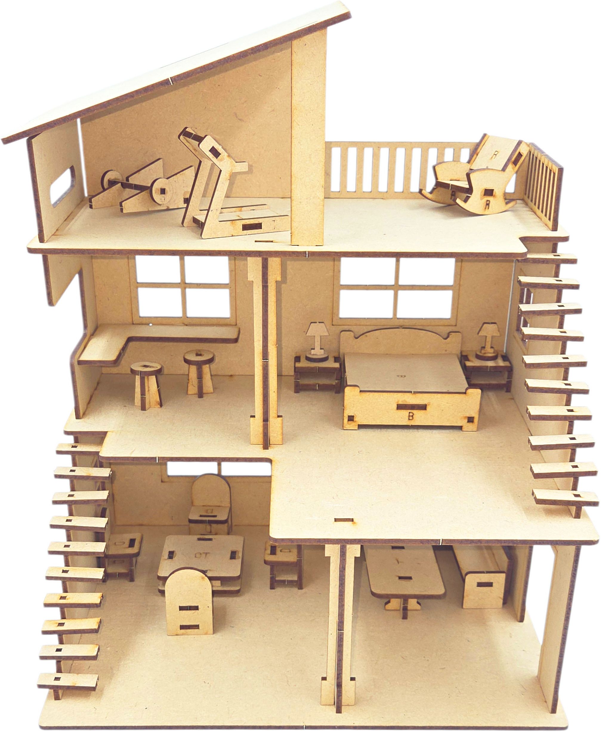poksi Wooden MDF DIY Dollhouse Kit Kids Craft Model House with Furniture-picture-5