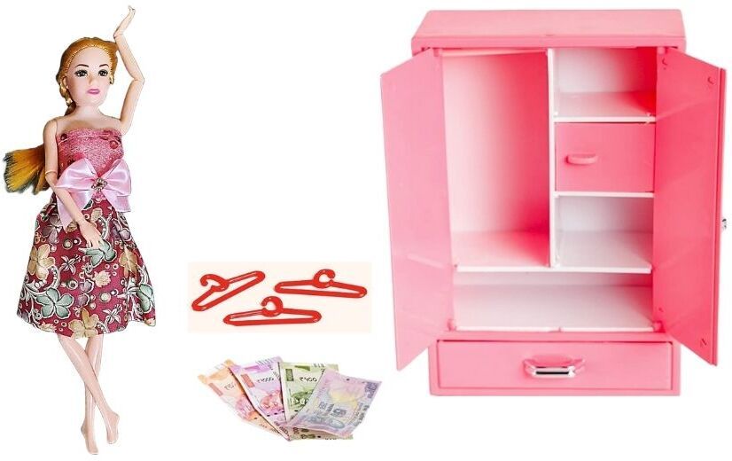 Doll Moveable Arms & Legs with Store well Almira with Hangers & Currency Notes