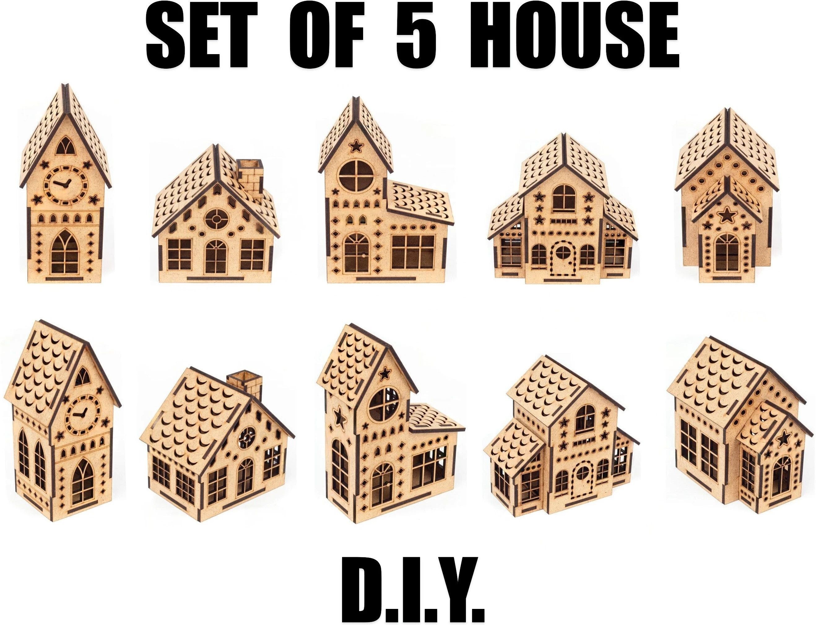 DIY Wooden Doll House Models, Miniature Cottage Set (Set of 5 House)