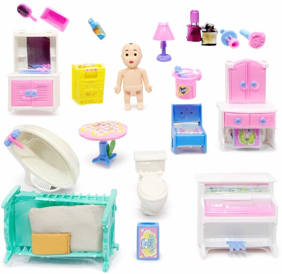 Mini Doll House Furniture Set with Baby Doll | Bathroom & Bedroom Play-image-17