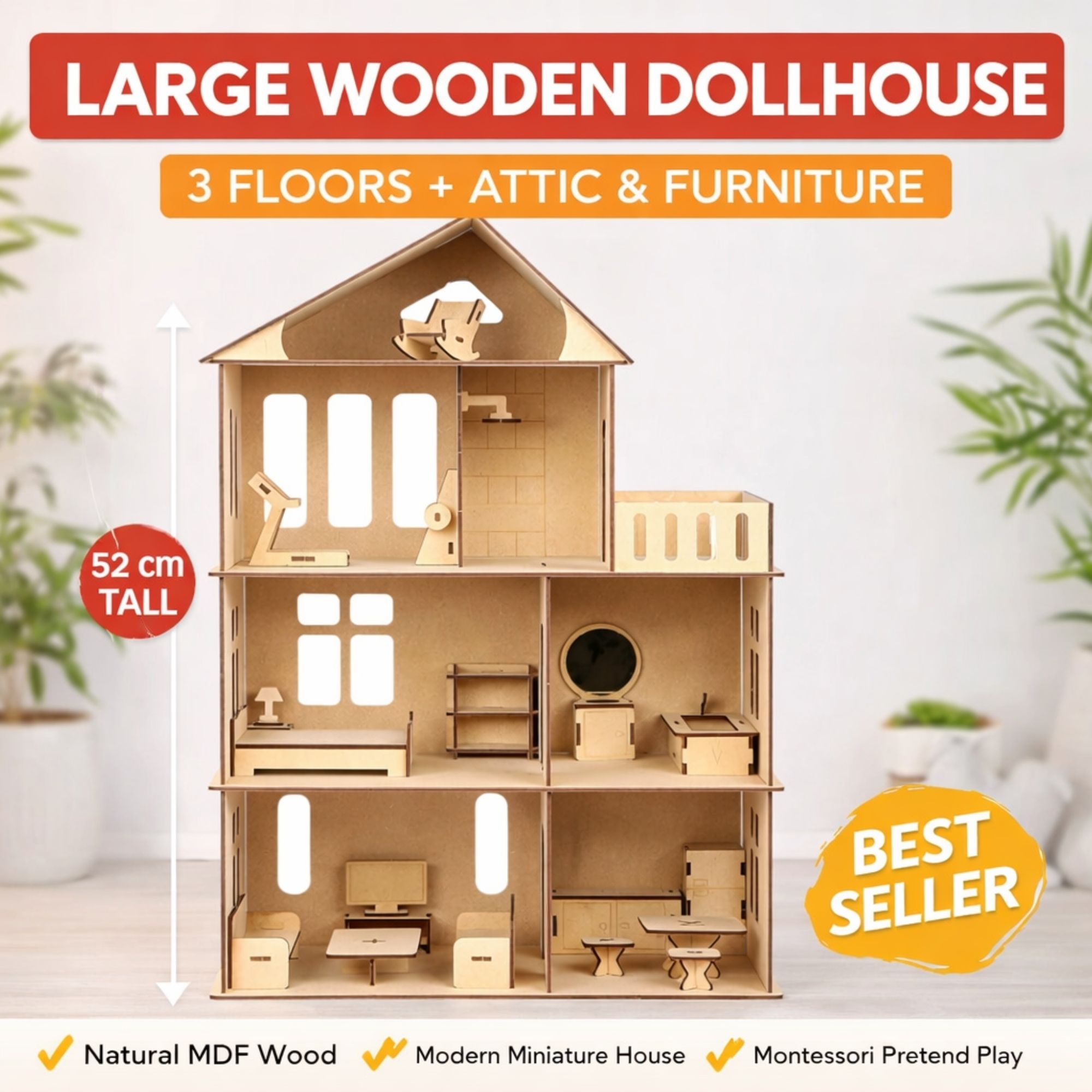 Large 3 Floor Wooden Doll House with Furniture Set 52 cm