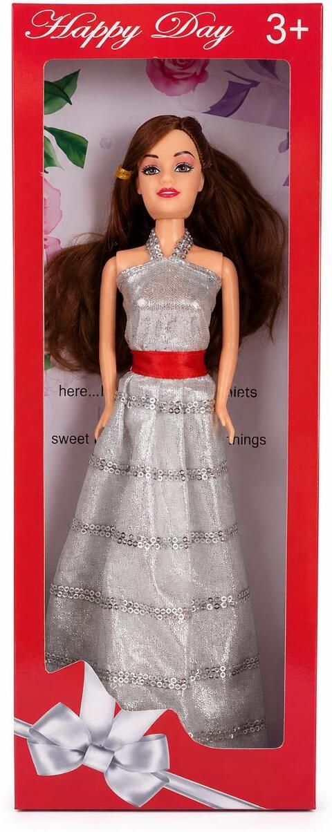 Fashion Doll for Girls Doll Long Brown Hair Silver Party Gown Dress-Up Toy-image-6