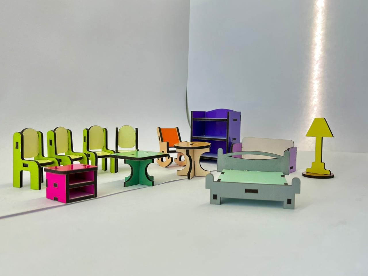 Wooden Doll House Coloured Mini Furniture Set for Kids-image-4