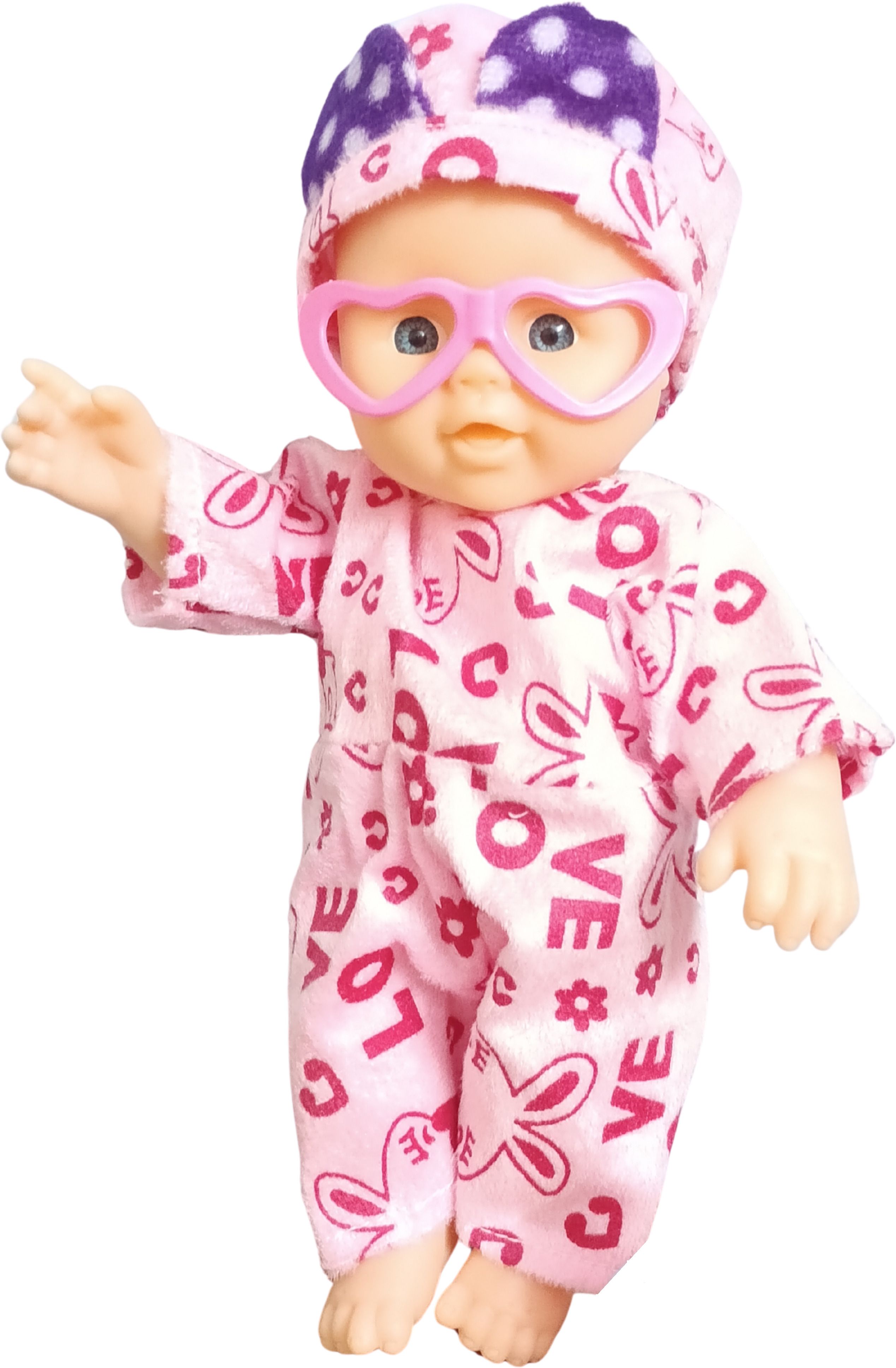 Cute Baby Doll with Pink Heart Pattern Outfit, Feeding Bottle and Heart Glasses,