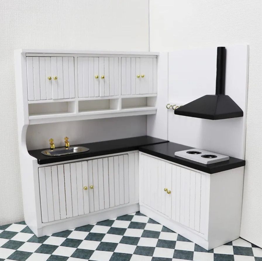 Miniature High Back Kitchen Cabinet Set Dollhouse Furniture-image-40