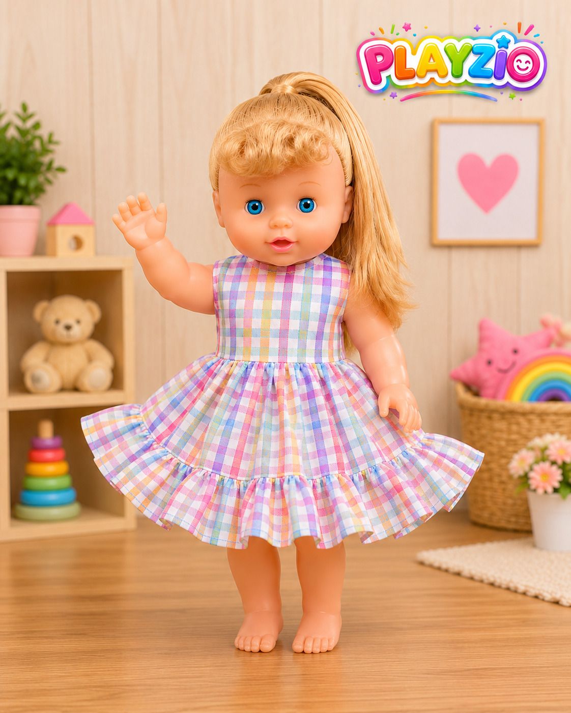 playzio Baby Doll with Comb & Basket Accessories | Colorful Check Dress-picture-28