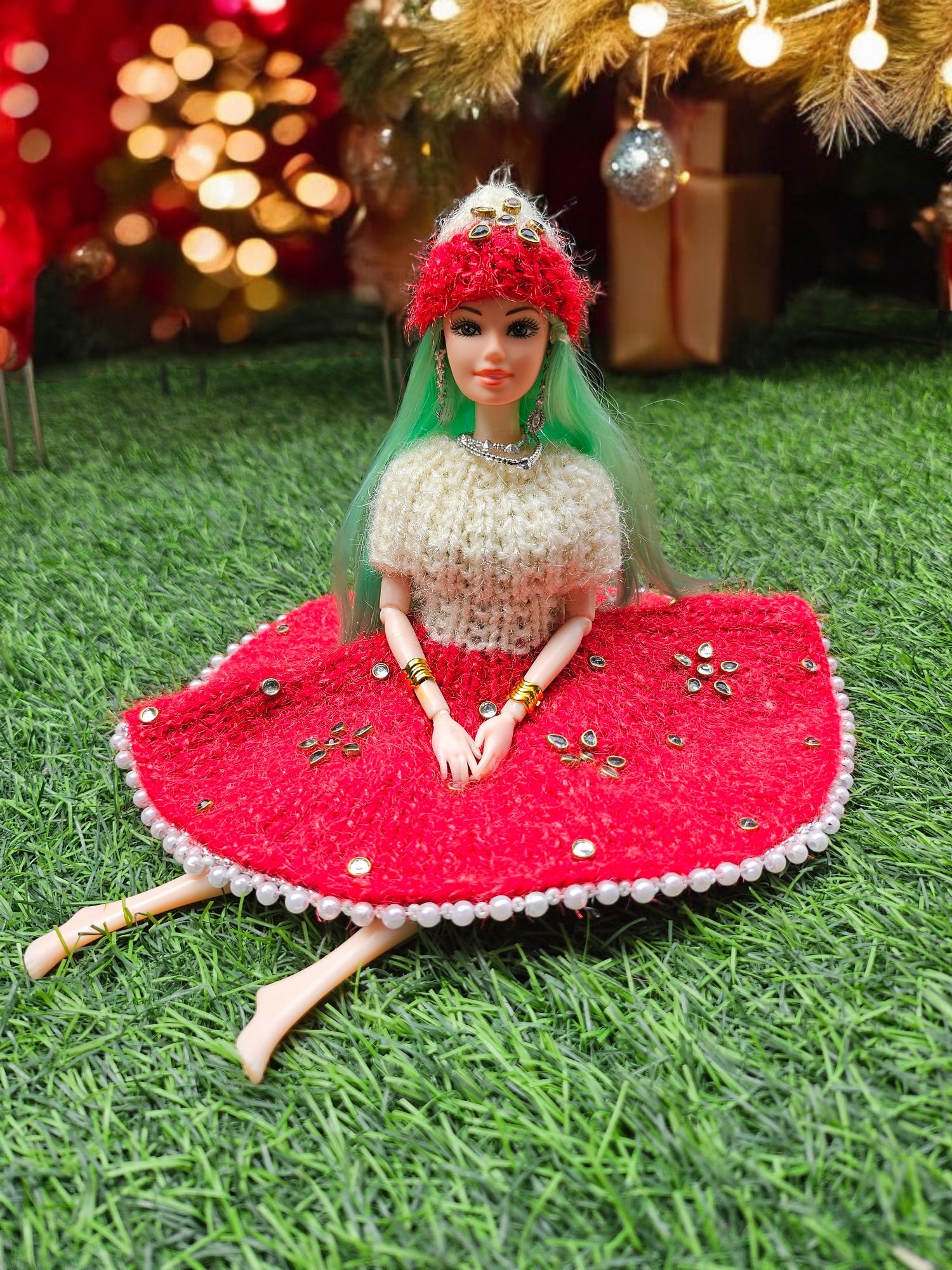 WINTER WOOLEN DRESS FOR BARBIE DOLL RED AND OFF WHITE-image-8
