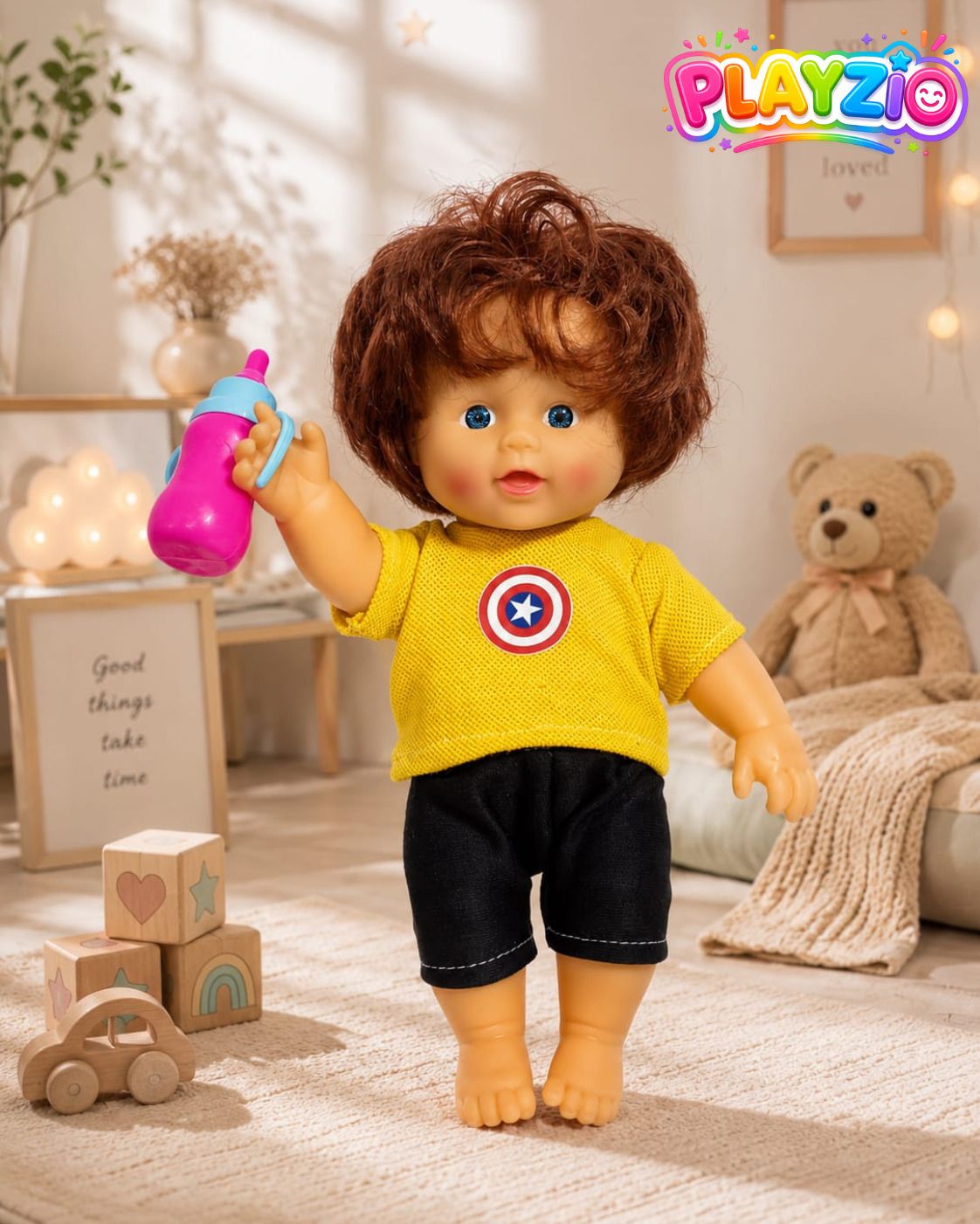 Cute Baby Boy Doll with Brown Hair & Yellow T-Shirt | Soft Kids Toy 24 cm-image-10